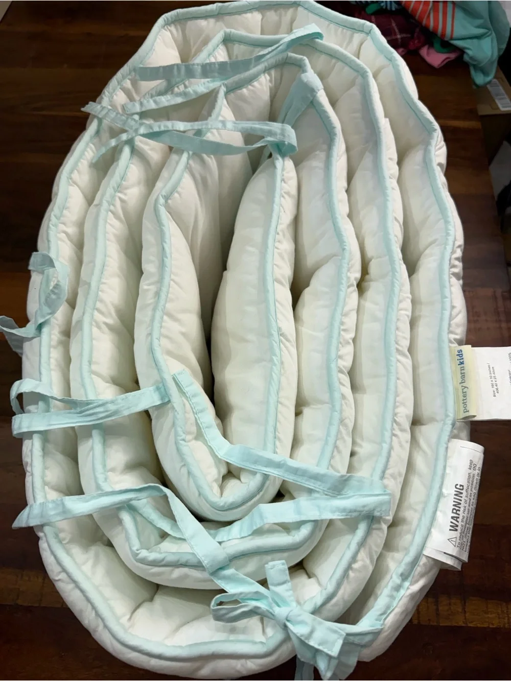 Pottery Barn Kids White Baby Nest with Mint Trim and Yellow Teal Stitching